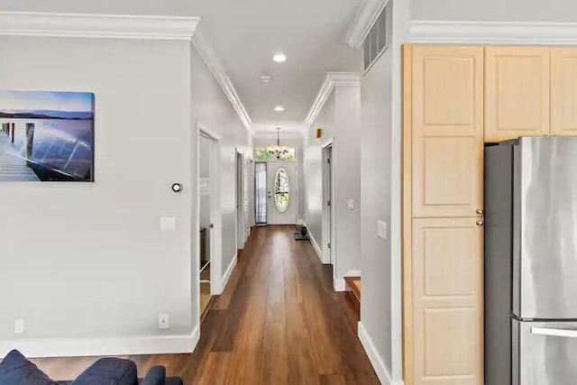 3165 Kenrick St, Keego Harbor, MI 48320 - hall with a chandelier, crown molding, dark wood-style floors, and recessed lighting