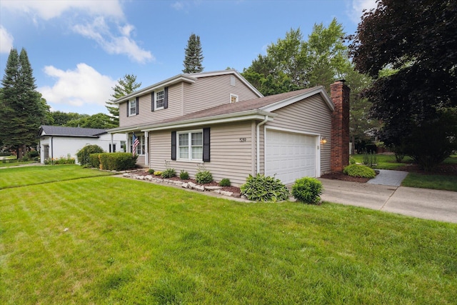 539 Old Bridge Rd, Grand Blanc, MI 48439 - traditional-style house with an attached garage, concrete driveway, a front yard, and a chimney
