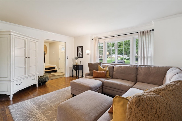 539 Old Bridge Rd, Grand Blanc, MI 48439 - living area with crown molding, dark wood-type flooring, and stairs