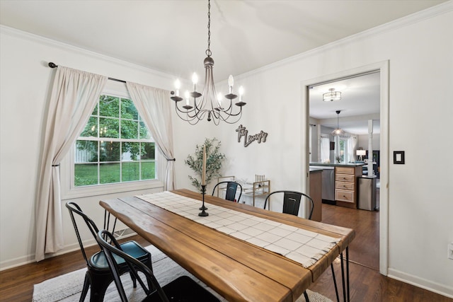 539 Old Bridge Rd, Grand Blanc, MI 48439 - dining area featuring a chandelier, dark wood-style floors, and ornamental molding