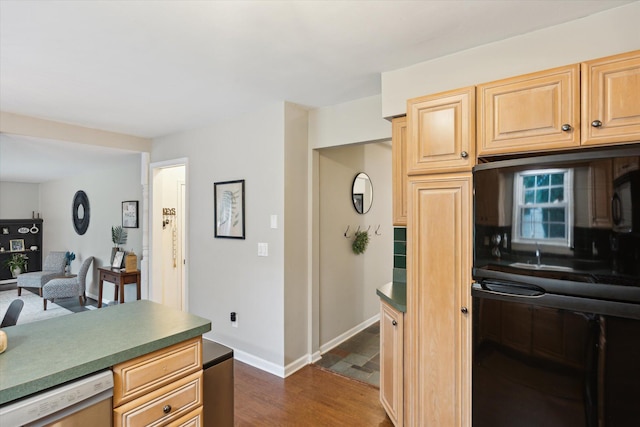 539 Old Bridge Rd, Grand Blanc, MI 48439 - kitchen with dishwasher, dark wood finished floors, tasteful backsplash, light brown cabinets, and dark countertops