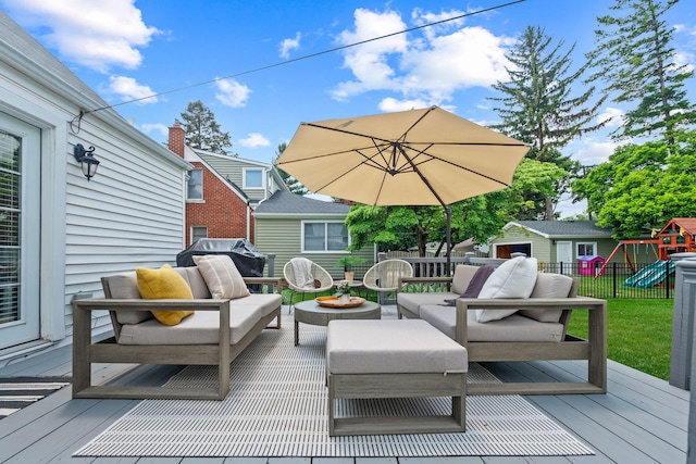 2213 N Wilson Ave, Royal Oak, MI 48073 - wooden terrace with outdoor lounge area, a storage shed, and a playground