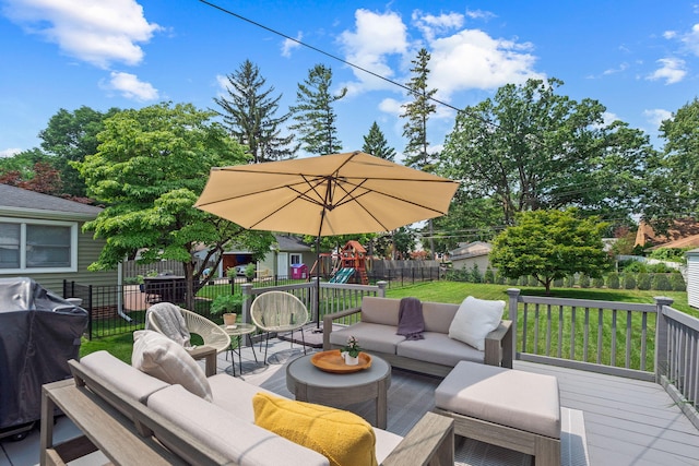 2213 N Wilson Ave, Royal Oak, MI 48073 - wooden deck featuring an outdoor hangout area, a playground, a fenced backyard, and area for grilling