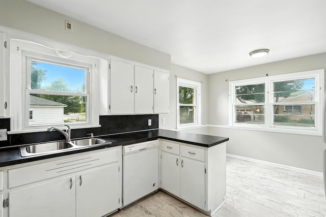 2707 Byron Center Ave SW, Wyoming, MI 49519 - kitchen featuring white dishwasher, light marble finish flooring, dark countertops, and white cabinets