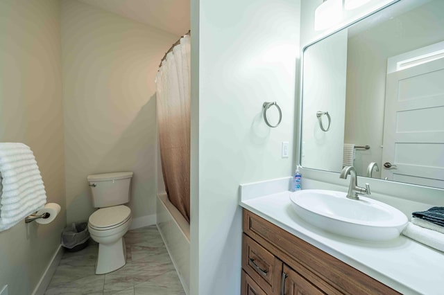 7898 W Juniper Beach Rd, Mears, MI 49436 - bathroom featuring marble look tiles, vanity, and shower / bath combination with curtain
