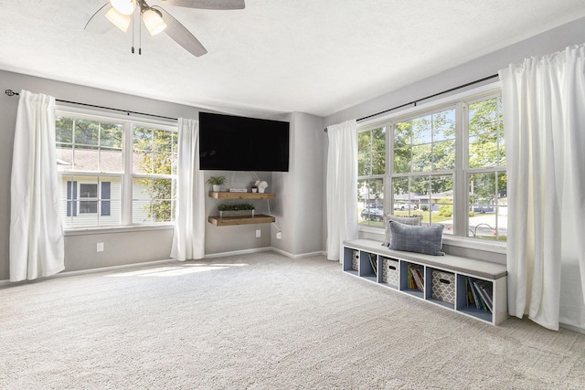 12912 Valley Dr, Wayland, MI 49348 - unfurnished living room featuring healthy amount of natural light, carpet floors, a ceiling fan, and a textured ceiling