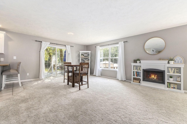 12912 Valley Dr, Wayland, MI 49348 - dining room with healthy amount of natural light, a glass covered fireplace, and carpet floors