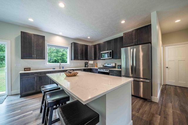7920 W Juniper Beach Rd, Mears, MI 49436 - kitchen with stainless steel appliances, recessed lighting, dark wood-style flooring, a kitchen island, and a kitchen breakfast bar