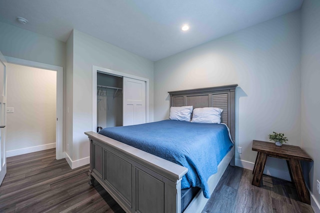 7920 W Juniper Beach Rd, Mears, MI 49436 - bedroom with dark wood finished floors, a closet, and recessed lighting