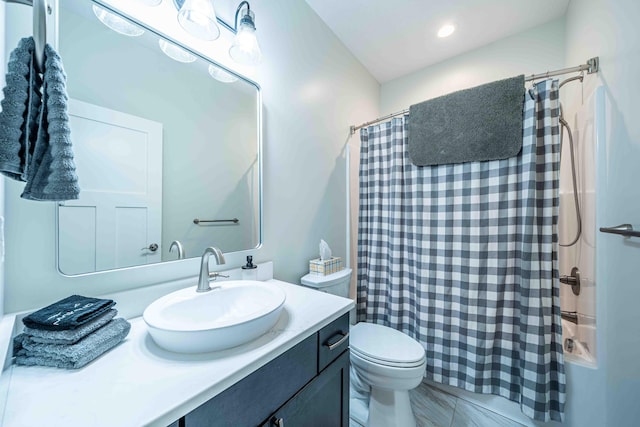 7920 W Juniper Beach Rd, Mears, MI 49436 - bathroom with shower / bathtub combination with curtain, vanity, and recessed lighting