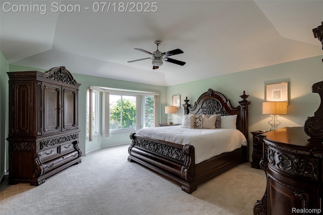 24352 Cavendish Ave W, Novi, MI 48375 - bedroom with light carpet, a ceiling fan, and vaulted ceiling