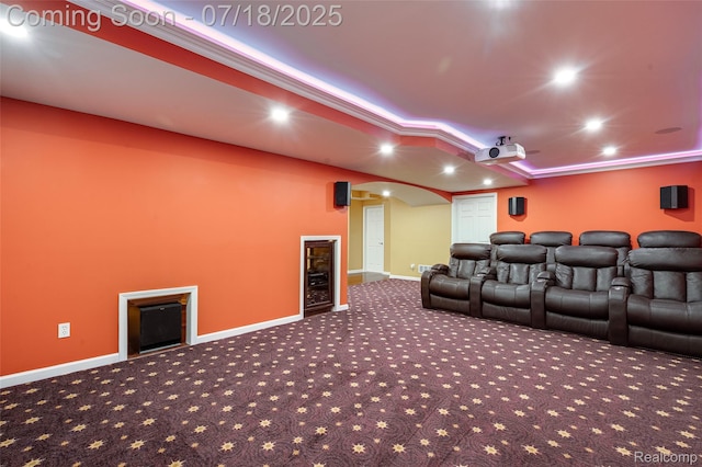 24352 Cavendish Ave W, Novi, MI 48375 - home theater with arched walkways, carpet, recessed lighting, crown molding, and wine cooler