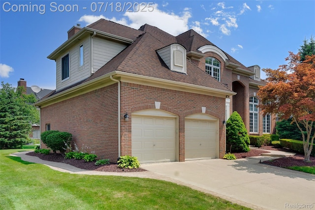 24352 Cavendish Ave W, Novi, MI 48375 - view of front of home with concrete driveway, brick siding, a chimney, roof with shingles, and a front lawn