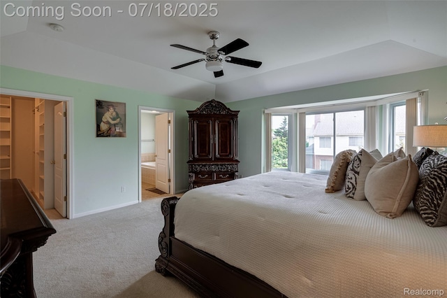 24352 Cavendish Ave W, Novi, MI 48375 - bedroom featuring lofted ceiling, light colored carpet, ensuite bath, and a ceiling fan