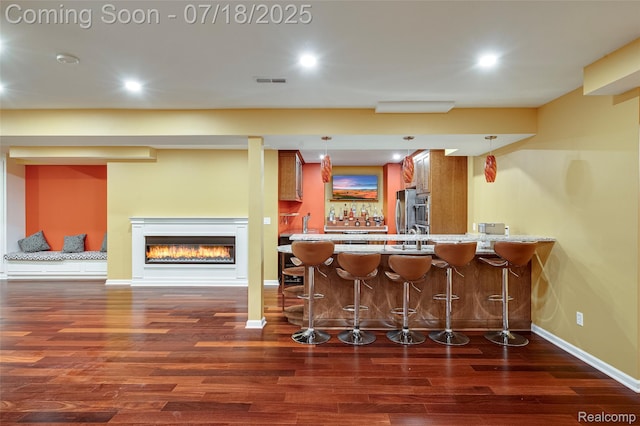 24352 Cavendish Ave W, Novi, MI 48375 - indoor bar with dark wood finished floors, a glass covered fireplace, recessed lighting, appliances with stainless steel finishes, and decorative light fixtures