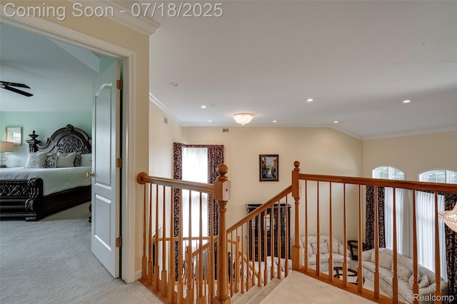 24352 Cavendish Ave W, Novi, MI 48375 - corridor with ornamental molding, an upstairs landing, carpet flooring, and recessed lighting