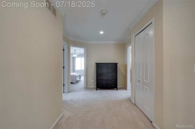 24352 Cavendish Ave W, Novi, MI 48375 - hallway featuring light carpet, ornamental molding, and recessed lighting