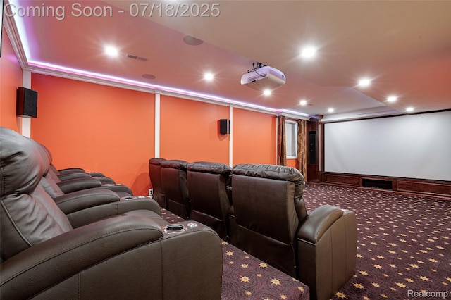 24352 Cavendish Ave W, Novi, MI 48375 - carpeted cinema room featuring ornamental molding and recessed lighting