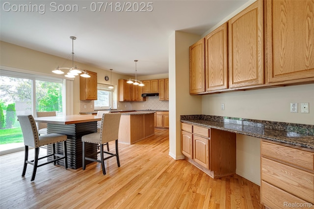 24352 Cavendish Ave W, Novi, MI 48375 - kitchen with light wood-style floors, tasteful backsplash, a center island, and pendant lighting