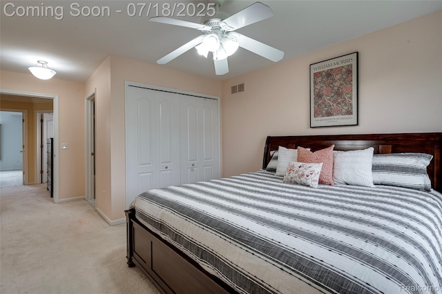 24352 Cavendish Ave W, Novi, MI 48375 - bedroom with light colored carpet, a closet, and ceiling fan