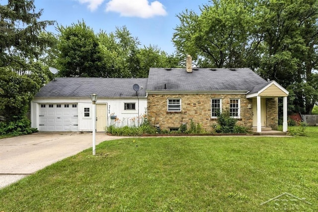 3704 Concord St, Midland, MI 48642 - view of front of property featuring driveway, a chimney, a front lawn, an attached garage, and brick siding