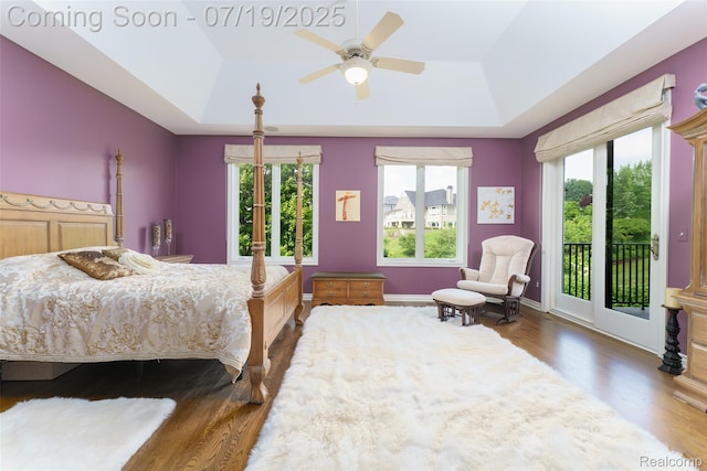 10827 Sparkling Waters Ct, South Lyon, MI 48178 - bedroom featuring a raised ceiling, access to outside, wood finished floors, and a ceiling fan
