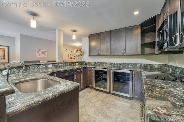 10827 Sparkling Waters Ct, South Lyon, MI 48178 - kitchen with dark brown cabinets, dark stone countertops, beverage cooler, light tile patterned floors, and recessed lighting