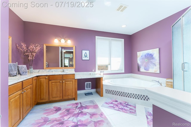 10827 Sparkling Waters Ct, South Lyon, MI 48178 - bathroom featuring a garden tub, tile patterned floors, vanity, and a stall shower
