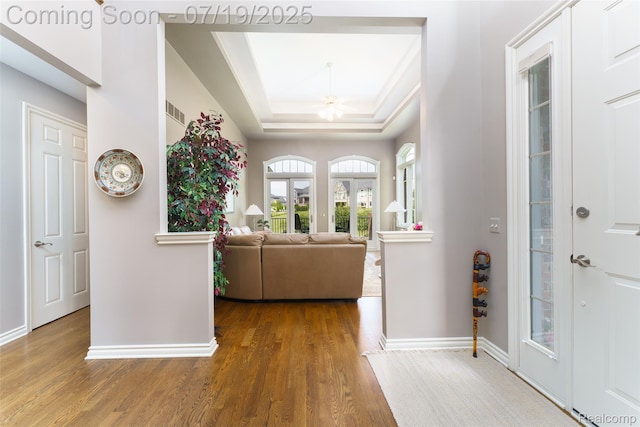 10827 Sparkling Waters Ct, South Lyon, MI 48178 - foyer featuring wood finished floors, a ceiling fan, and a raised ceiling