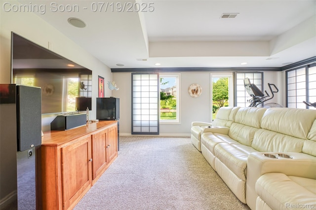 10827 Sparkling Waters Ct, South Lyon, MI 48178 - living room with light carpet, healthy amount of natural light, a tray ceiling, and recessed lighting