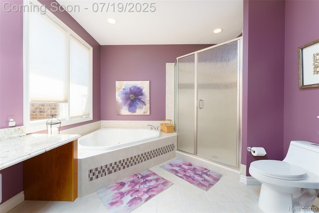 10827 Sparkling Waters Ct, South Lyon, MI 48178 - full bathroom with a garden tub, a shower stall, tile patterned flooring, vanity, and recessed lighting