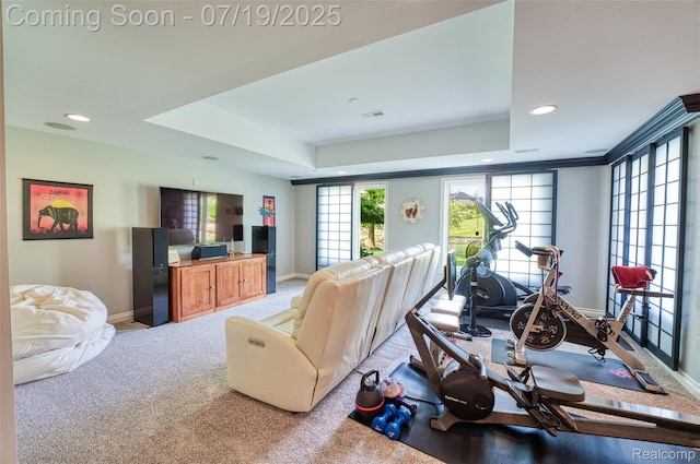 10827 Sparkling Waters Ct, South Lyon, MI 48178 - living room featuring carpet flooring, recessed lighting, and a tray ceiling