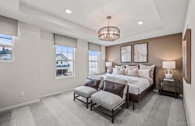 4058 Nottingham Cir, Clarkston, MI 48346 - bedroom featuring a raised ceiling, a chandelier, multiple windows, and recessed lighting
