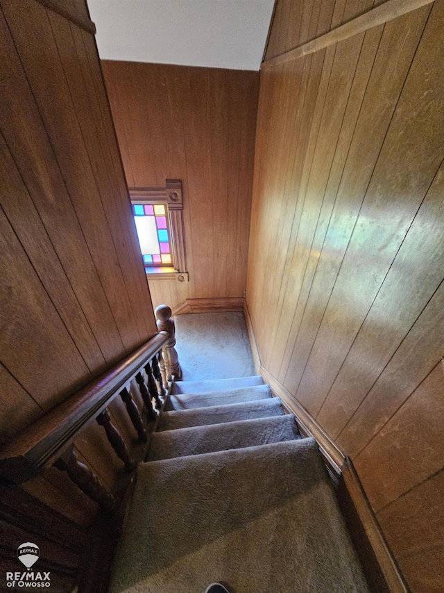725 River St, Owosso, MI 48867 - stairs featuring wood walls and carpet flooring