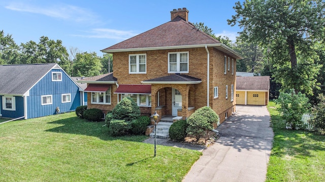 2551 Elmwood Ave, Ann Arbor, MI 48104 - view of front of house with an outbuilding, brick siding, concrete driveway, a chimney, and roof with shingles