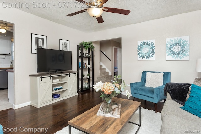2404 Rowland Ave, Royal Oak, MI 48067 - living room with a ceiling fan, wood finished floors, stairs, and a textured ceiling