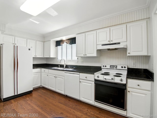 1711 Huntingwood Ln, Bloomfield Hills, MI 48304 - kitchen featuring white appliances, ornamental molding, white cabinetry, dark countertops, and under cabinet range hood