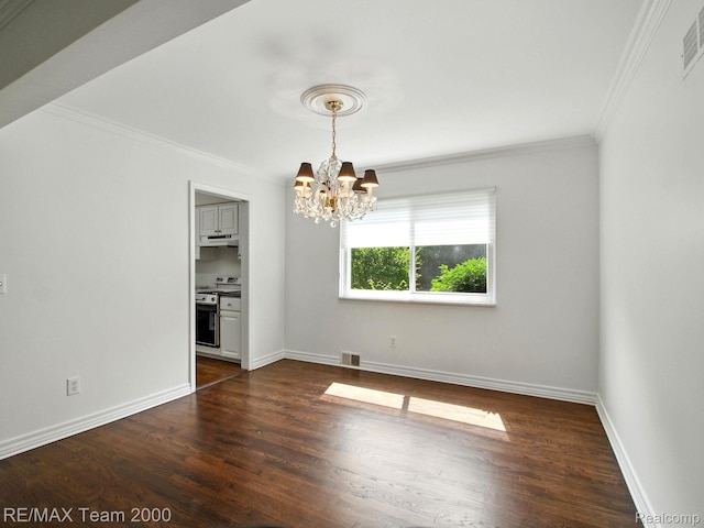 1711 Huntingwood Ln, Bloomfield Hills, MI 48304 - unfurnished dining area with a chandelier, crown molding, and dark wood-style floors