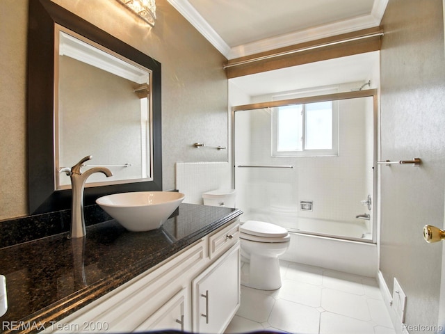 1711 Huntingwood Ln, Bloomfield Hills, MI 48304 - full bathroom with crown molding, vanity, and bath / shower combo with glass door