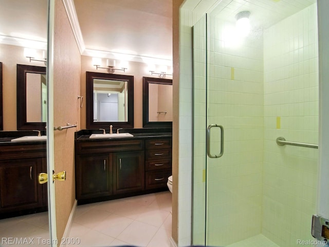 1711 Huntingwood Ln, Bloomfield Hills, MI 48304 - bathroom with crown molding, vanity, a shower stall, and tile patterned floors