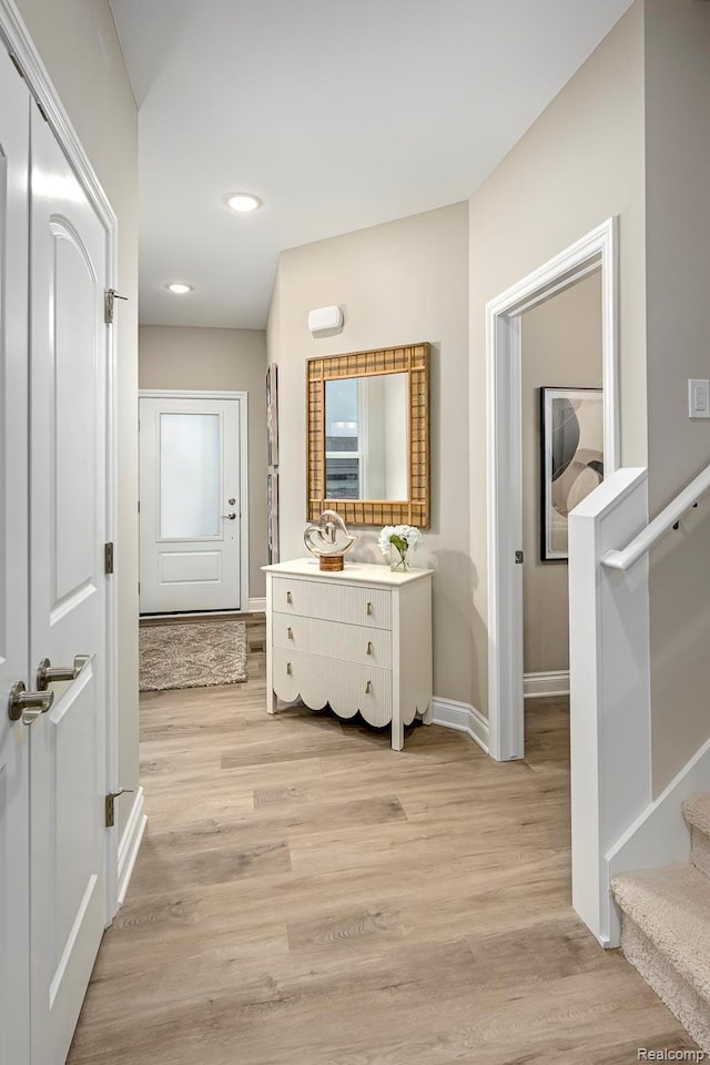 809 Cortland Ln, Troy, MI 48085 - hallway with stairway, light wood-style floors, and recessed lighting