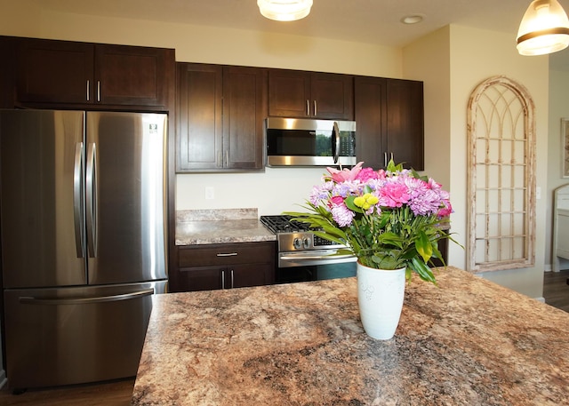 8440 Irish Mist, Onsted, MI 49265 - kitchen with stainless steel appliances, dark brown cabinetry, light stone countertops, and wood finished floors