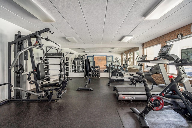 2150 Pauline Blvd Unit 203, Ann Arbor, MI 48103 - workout area with a textured ceiling and brick wall