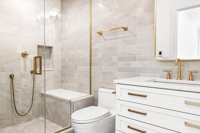 7462 Youngren Rd, Three Oaks, MI 49128 - full bath with vanity, tile walls, a stall shower, and backsplash