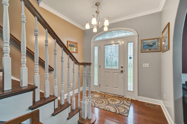 3725 S Creek Ln, Dryden, MI 48428 - entryway with hardwood / wood-style floors, crown molding, stairs, and a chandelier