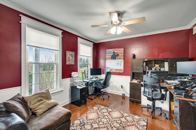 3725 S Creek Ln, Dryden, MI 48428 - office space featuring plenty of natural light, hardwood / wood-style floors, ceiling fan, ornamental molding, and a wainscoted wall
