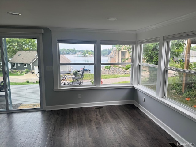 677 King Cir, Lake Orion, MI 48362 - unfurnished sunroom featuring a water view, crown molding, and wood finished floors