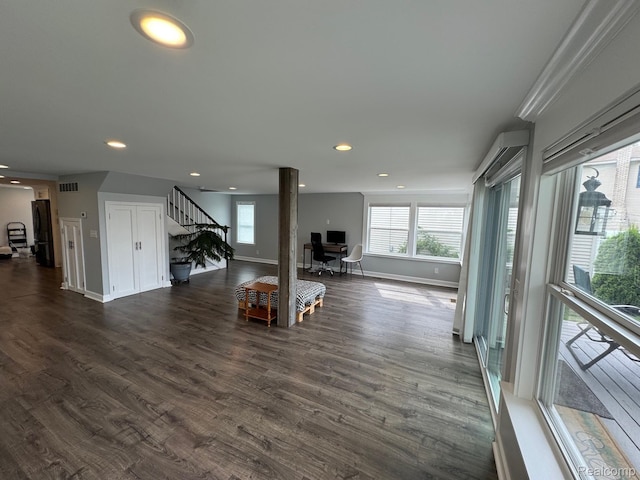 677 King Cir, Lake Orion, MI 48362 - living room with stairs, recessed lighting, dark wood finished floors, and a desk