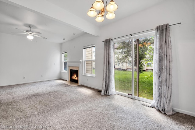 1236 University Dr, Pontiac, MI 48342 - unfurnished living room with carpet flooring, beamed ceiling, a chandelier, a high end fireplace, and ceiling fan