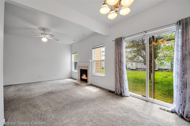 1236 University Dr, Pontiac, MI 48342 - unfurnished living room with carpet, a chandelier, a premium fireplace, and ceiling fan